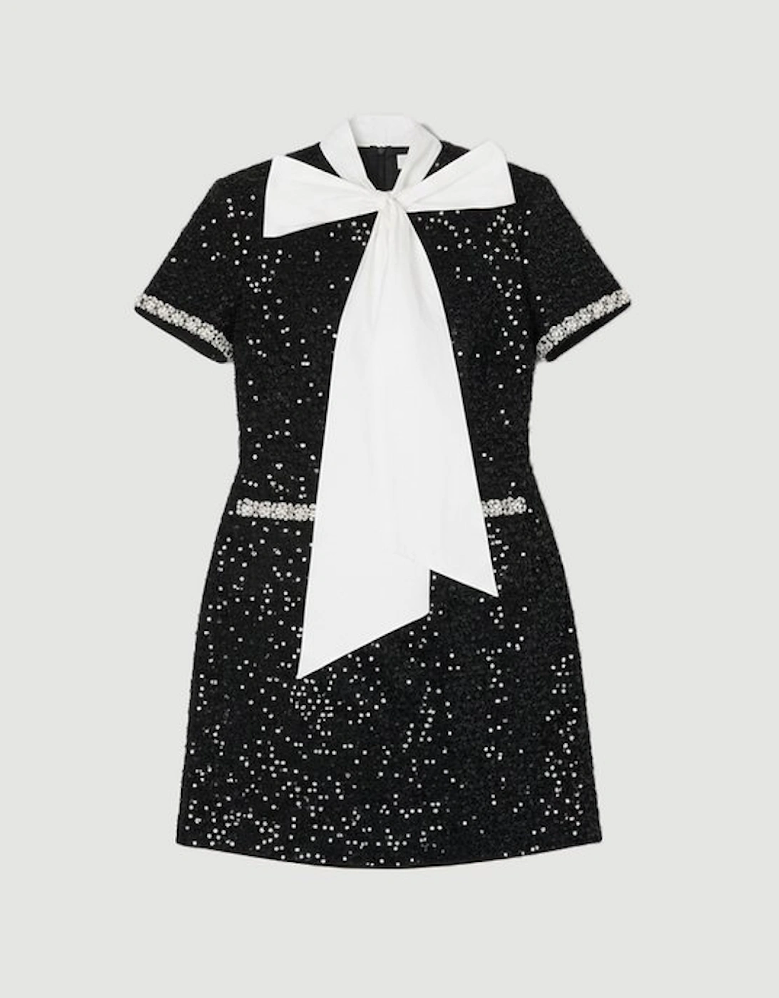 Plus Size Tailored Sequin Tweed Tie Bow Neck Embellished Mini Dress