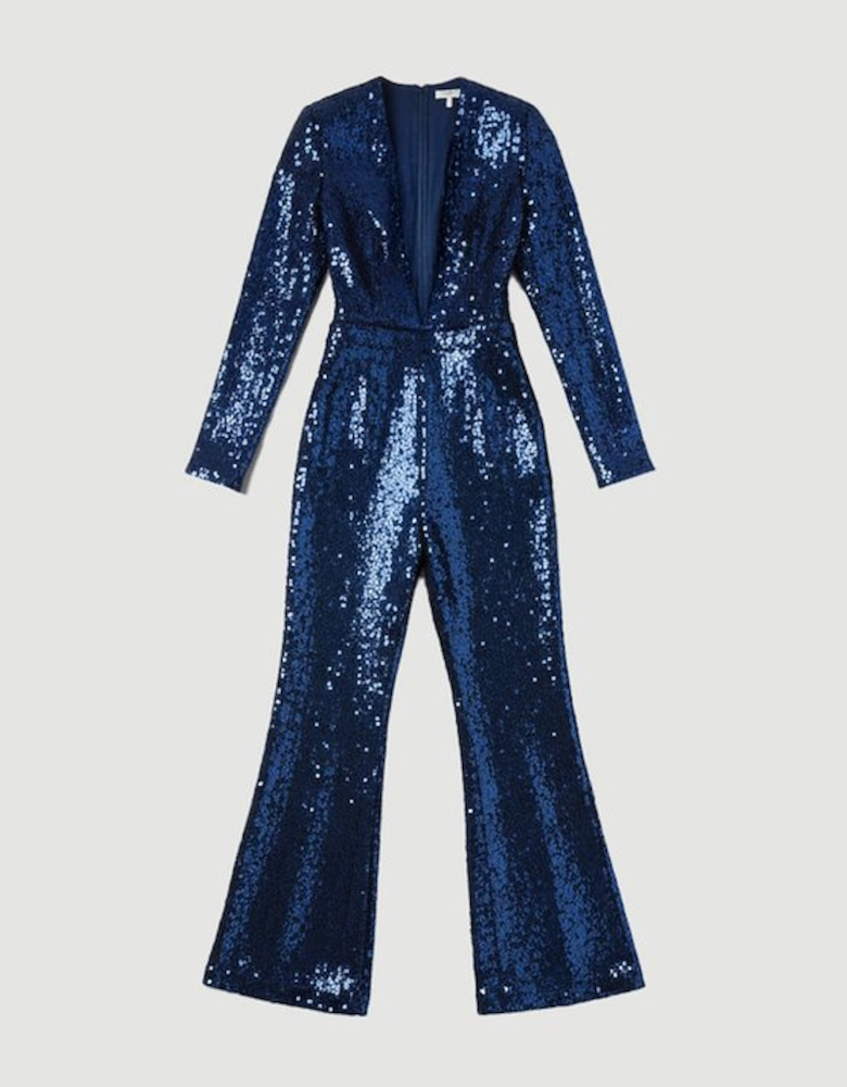 Sequin Power Mesh Lace Up Detail Long Sleeve Jumpsuit