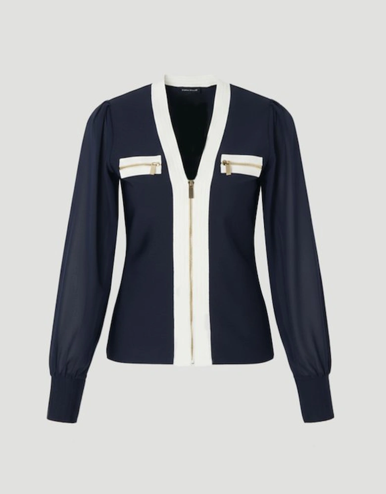 Chiffon Sleeve Zip Through Bandage Knit Top