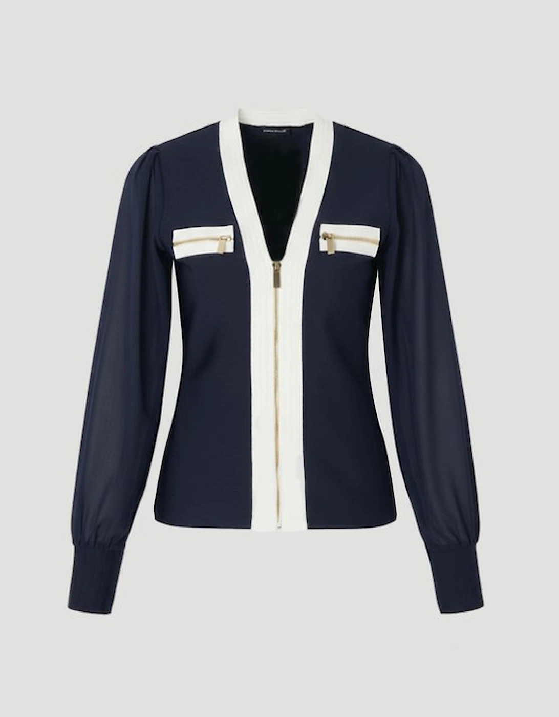 Chiffon Sleeve Zip Through Bandage Knit Top