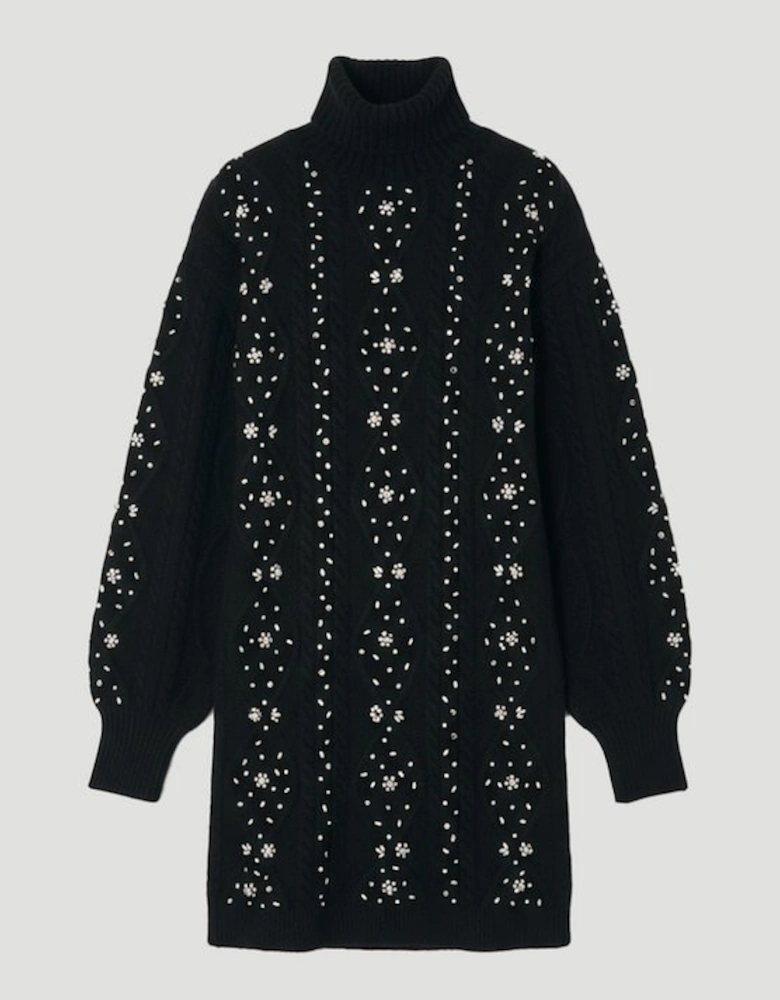 Wool Blend Embellished Cable Knit Jumper Mini Dress