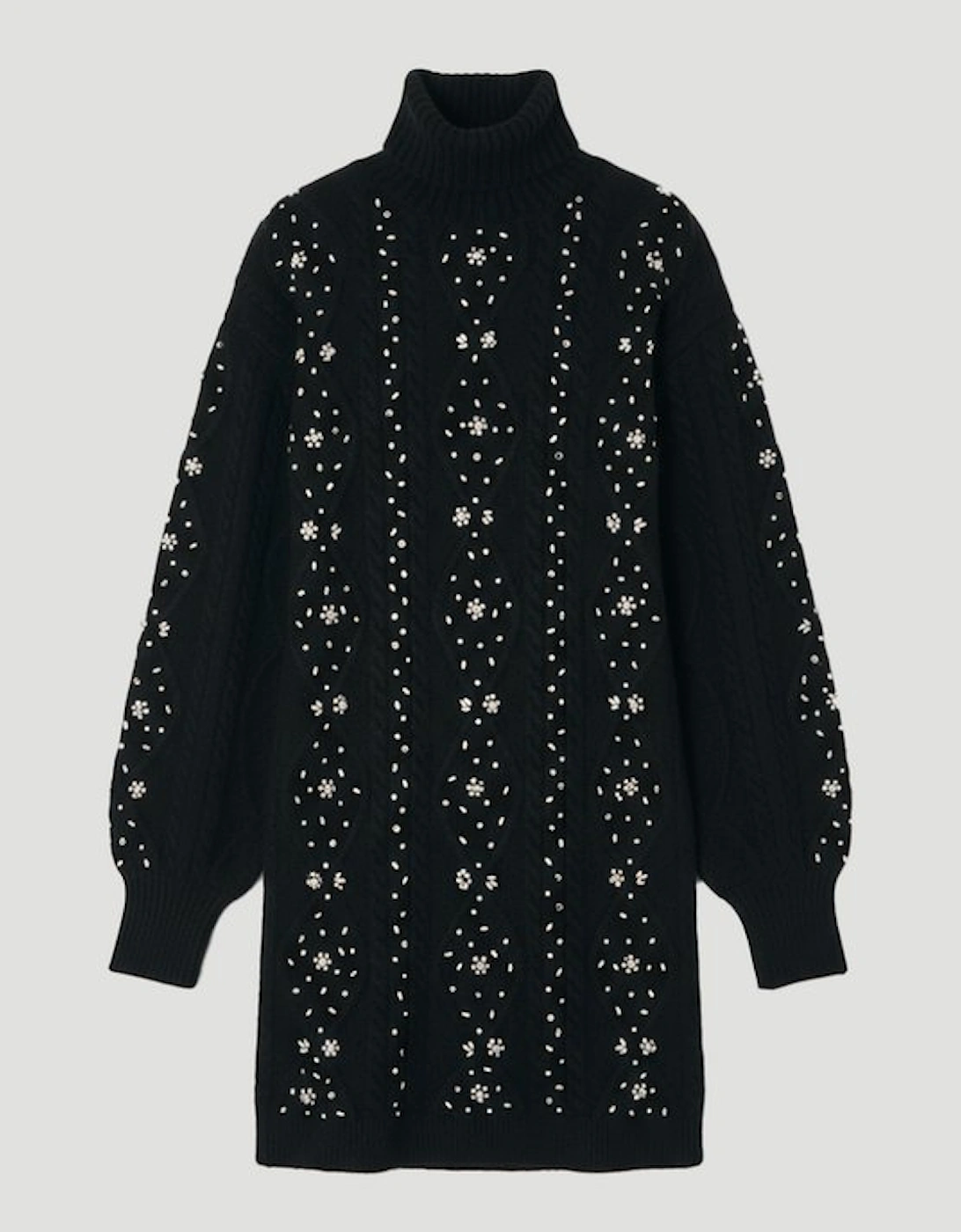 Wool Blend Embellished Cable Knit Jumper Mini Dress