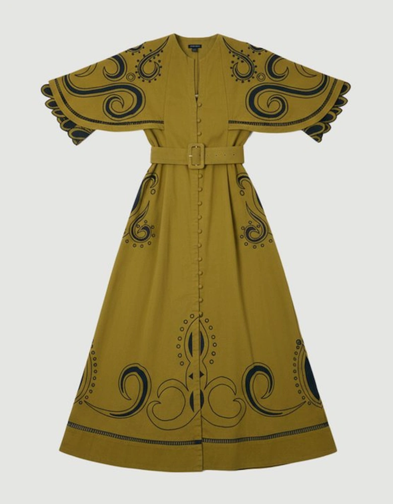 Baroque Embroidered Cape Sleeve Twill Woven Maxi Dress