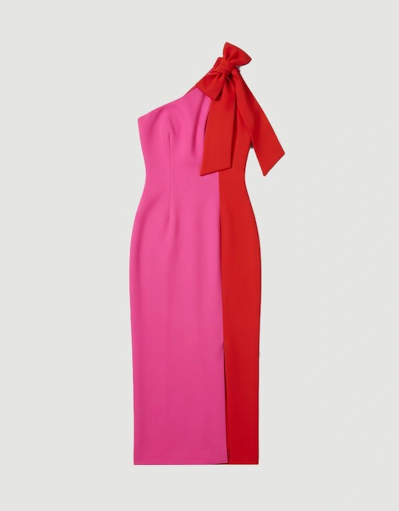 Soft Tailored Colour Block Bow Tie Neck Midi Dress