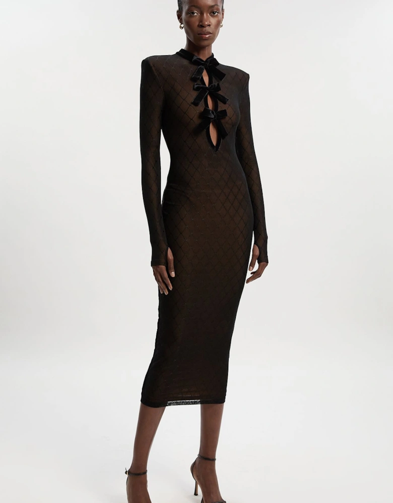 Petite Mesh With Velvet Bow Trim Detail Halter Neck Long Sleeve Midi Dress