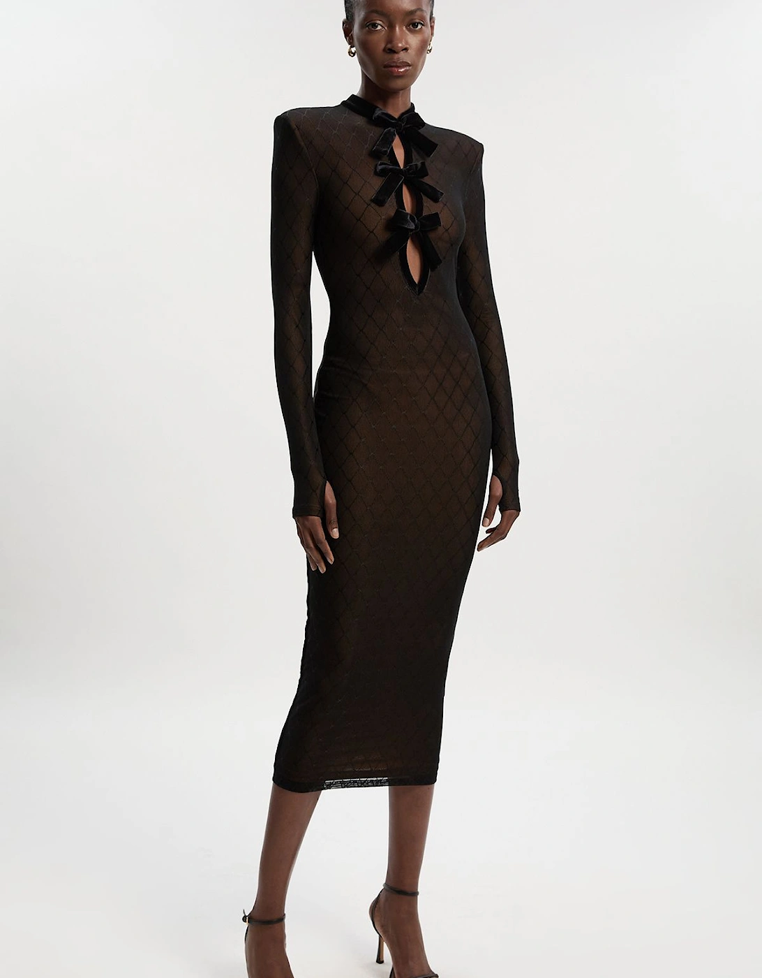 Petite Mesh With Velvet Bow Trim Detail Halter Neck Long Sleeve Midi Dress, 2 of 1