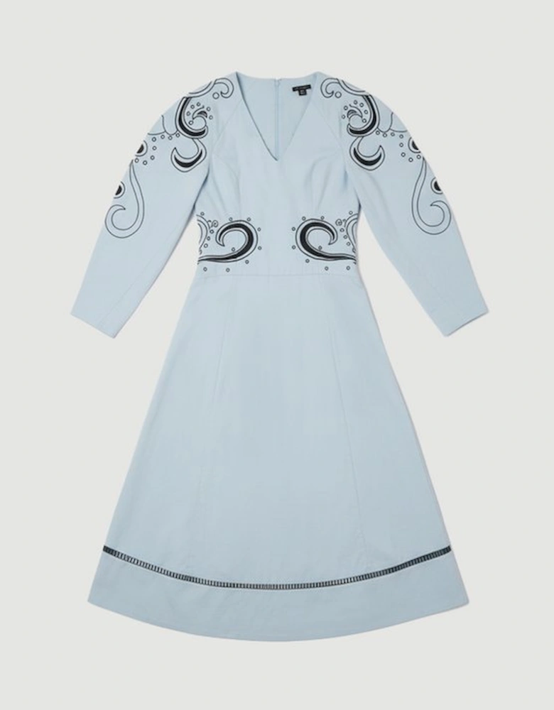 Baroque Embroidered Long Sleeve Twill Woven Midi Dress