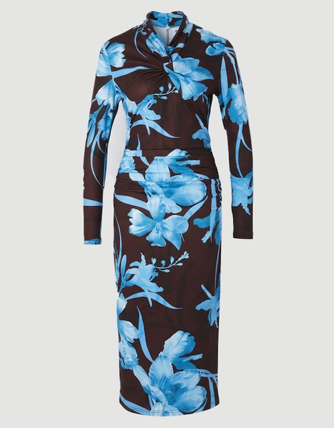 Floral Print Crepe High Neck Midi Dress