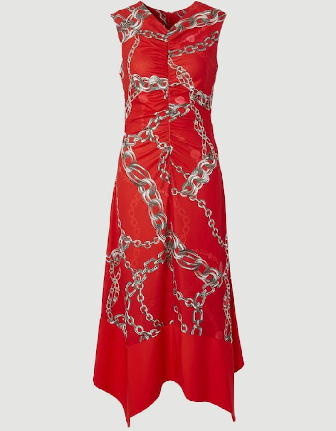 Chain Print Crepe Hanky Hem Midi Dress