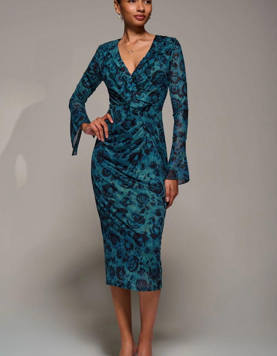 Ruffle V-Neckline Mesh Bodycon Midaxi Dress, 2 of 1