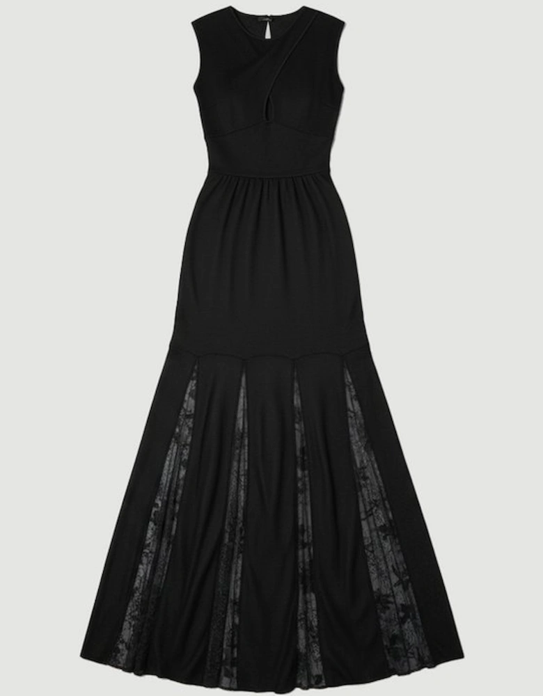 Viscose Blend Slinky Sheer Lace Detail Knit Maxi Dress
