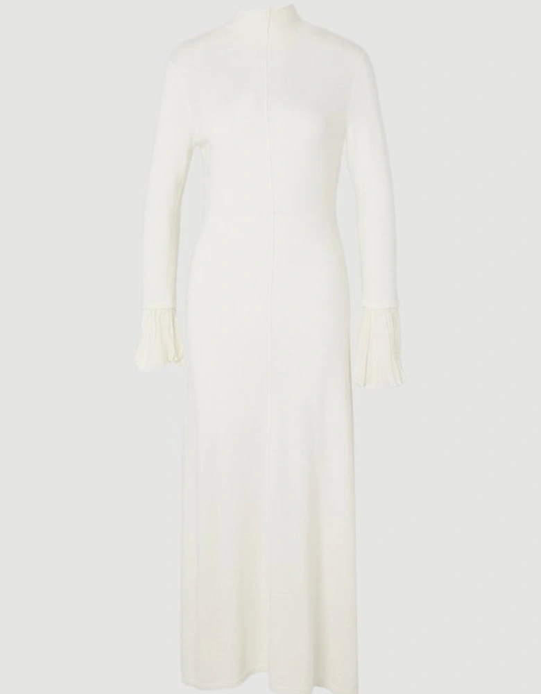 Wool And Alpaca Blend Knit Pleated Silk Woven Cuffs Midi Dress