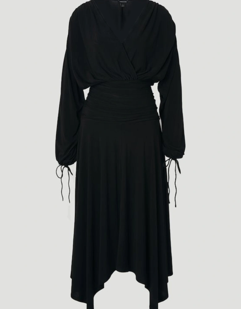 Plus Size Stretch Drapey Crepe Ruched Plunge Neck Batwing Sleeve Maxi Dress