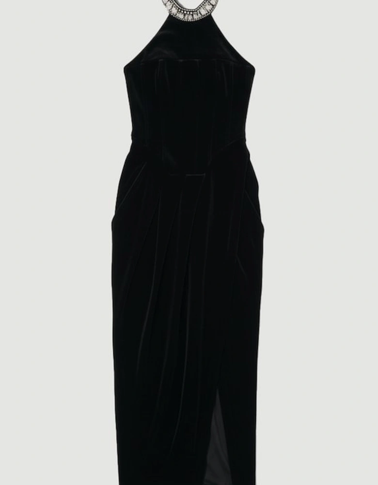 Tailored Velvet Halter Embellished Neck Midi Dress