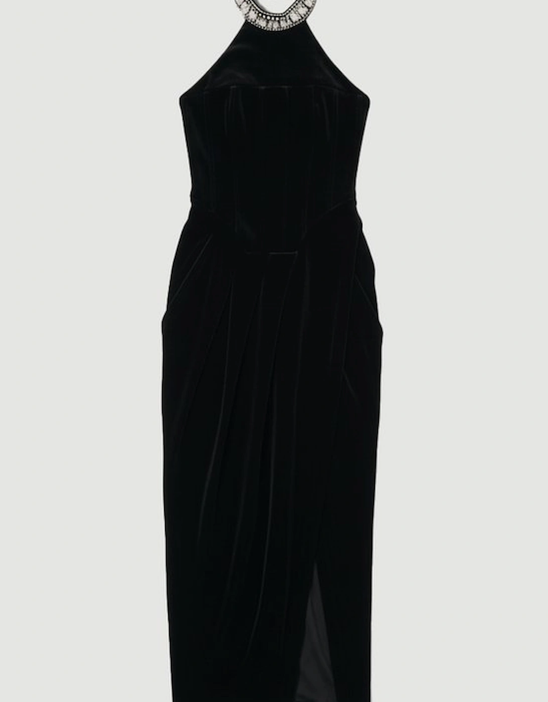 Tailored Velvet Halter Embellished Neck Midi Dress