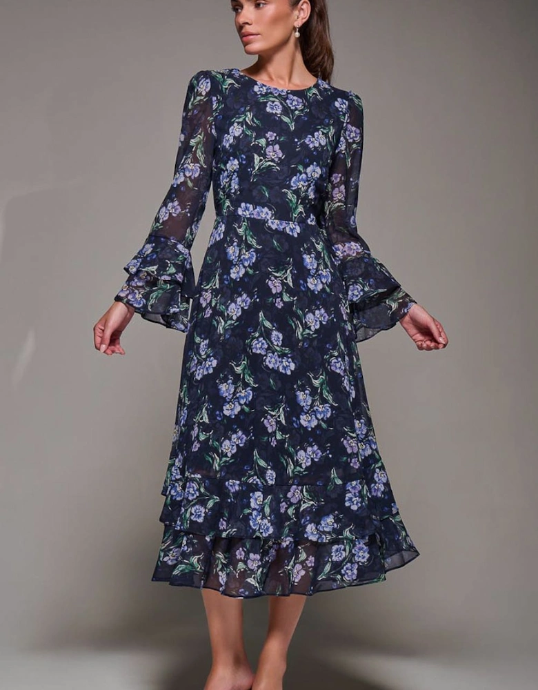 Long Sleeve Chiffon Frill Midaxi Dress