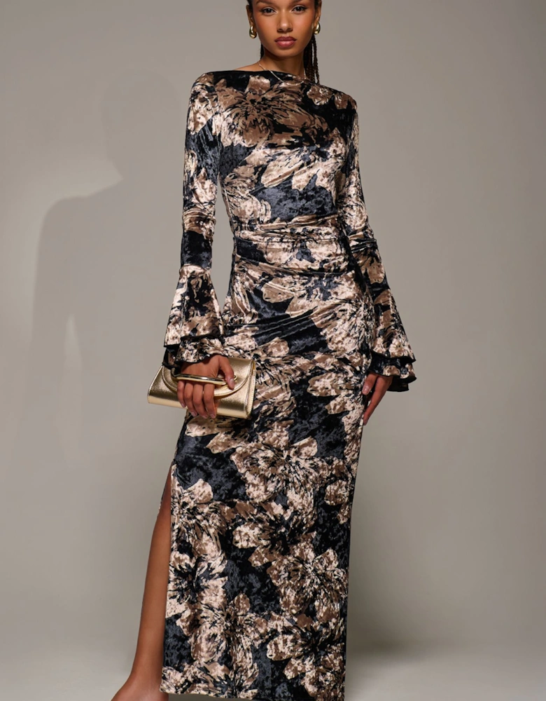 Ruffle Sleeve Boat Neck Velvet Maxi Dress