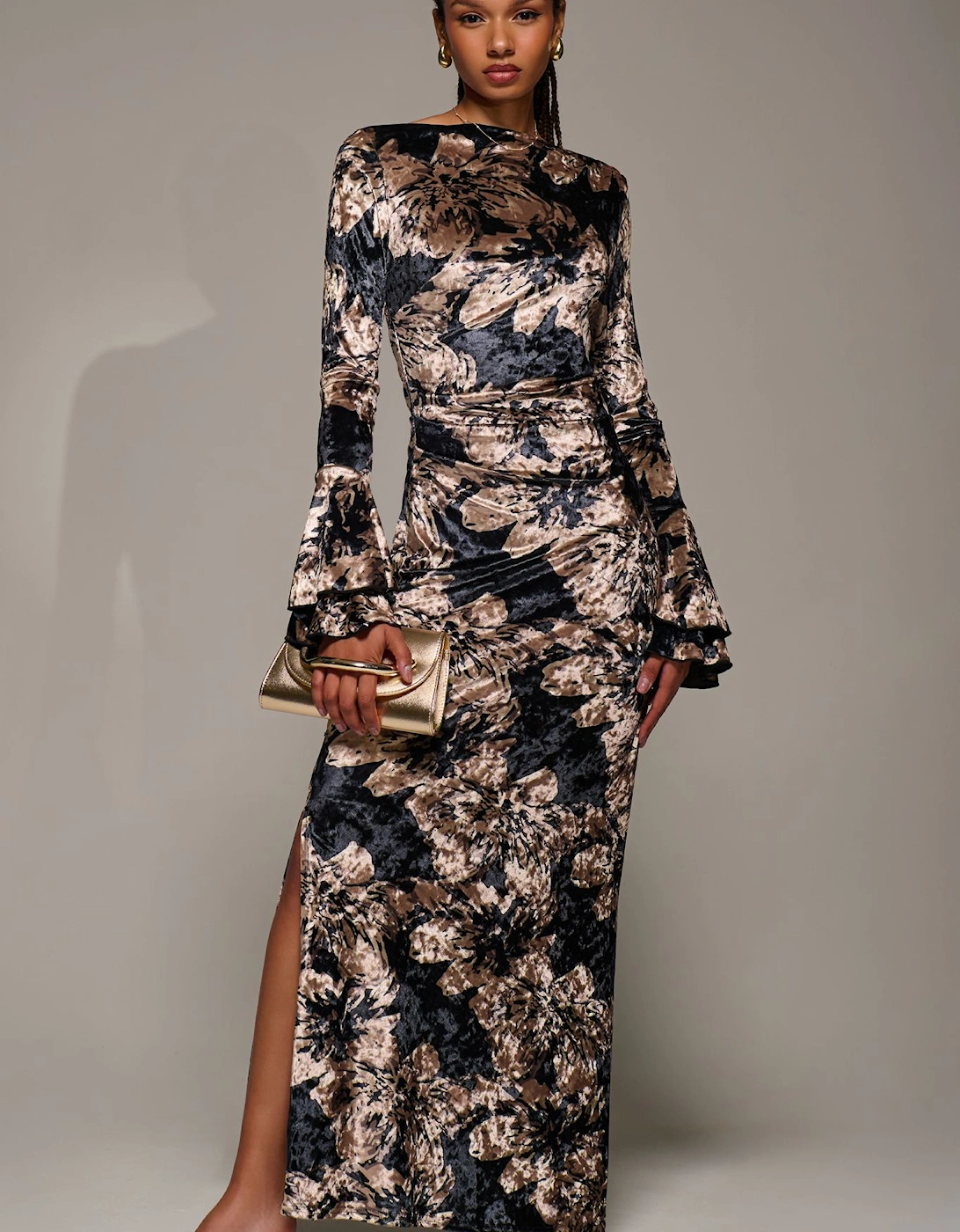 Ruffle Sleeve Boat Neck Velvet Maxi Dress, 2 of 1