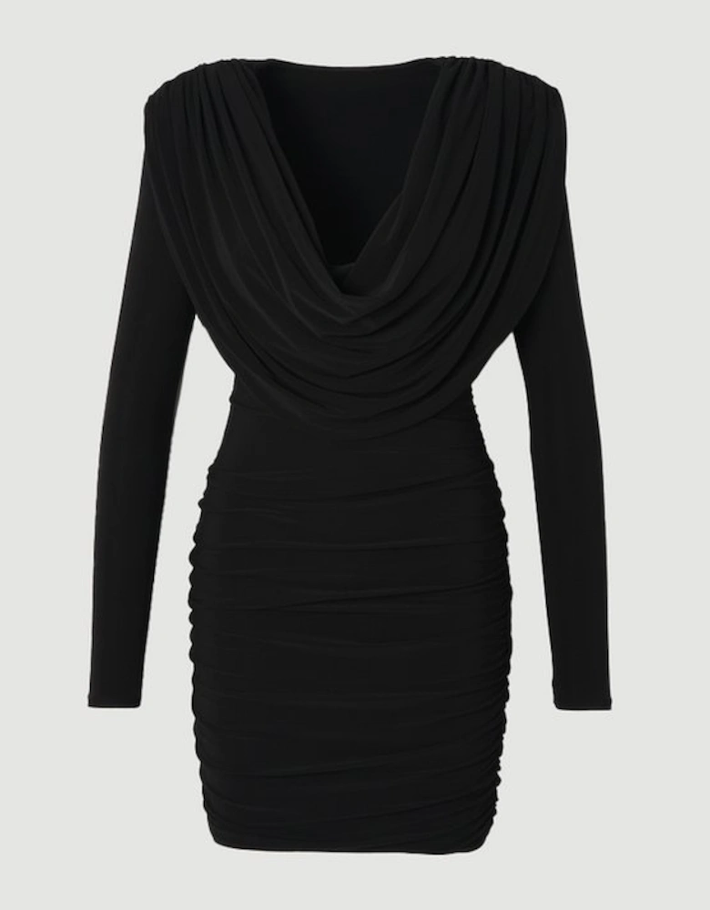 Stretch Drapey Crepe Ruched Plunge Neck Long Sleeve Mini Dress