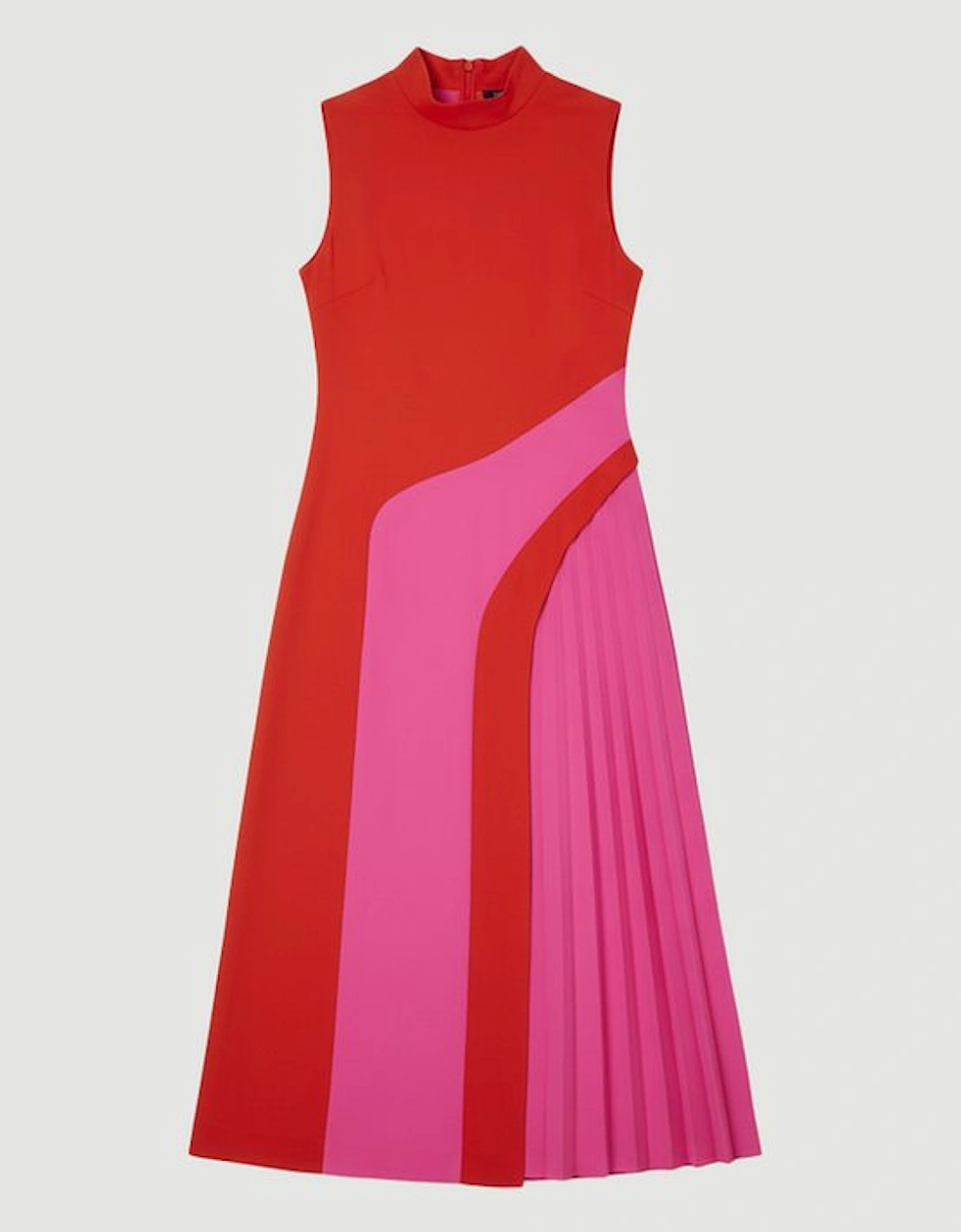 Soft Tailored Colour Block High Neck Pleated Midi Dress