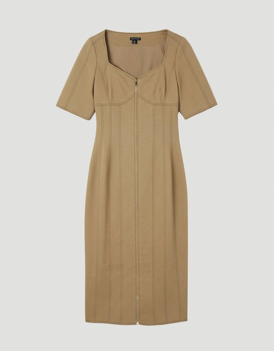 Tencel Cotton Contrast Stitch Zip Front Woven Midi Dress
