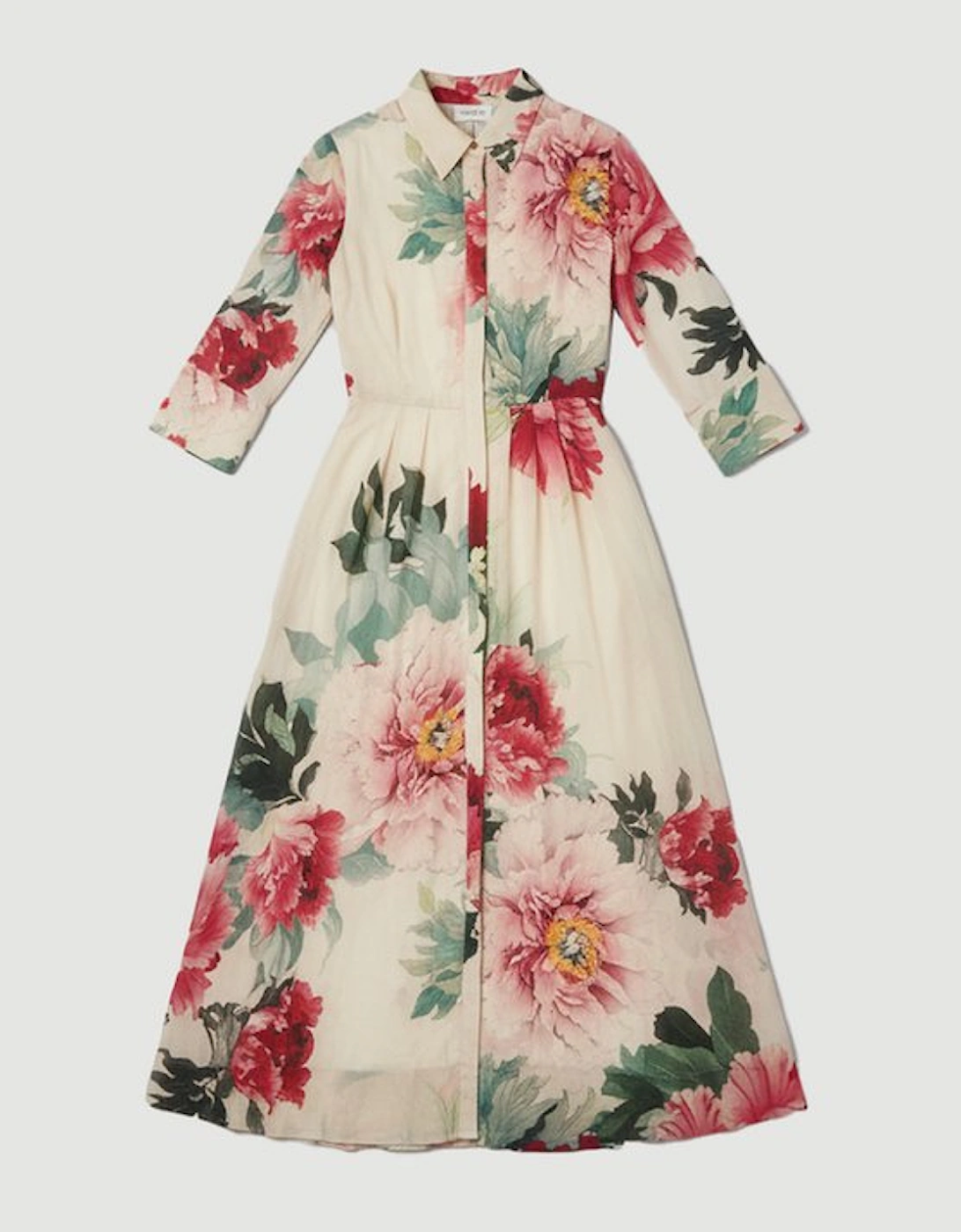 Silk Cotton Floral Print Woven Belted Maxi Shirt Dress