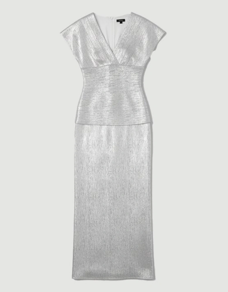 Foil Metallic Figure Form Angel Sleeve Knit Maxi Dress