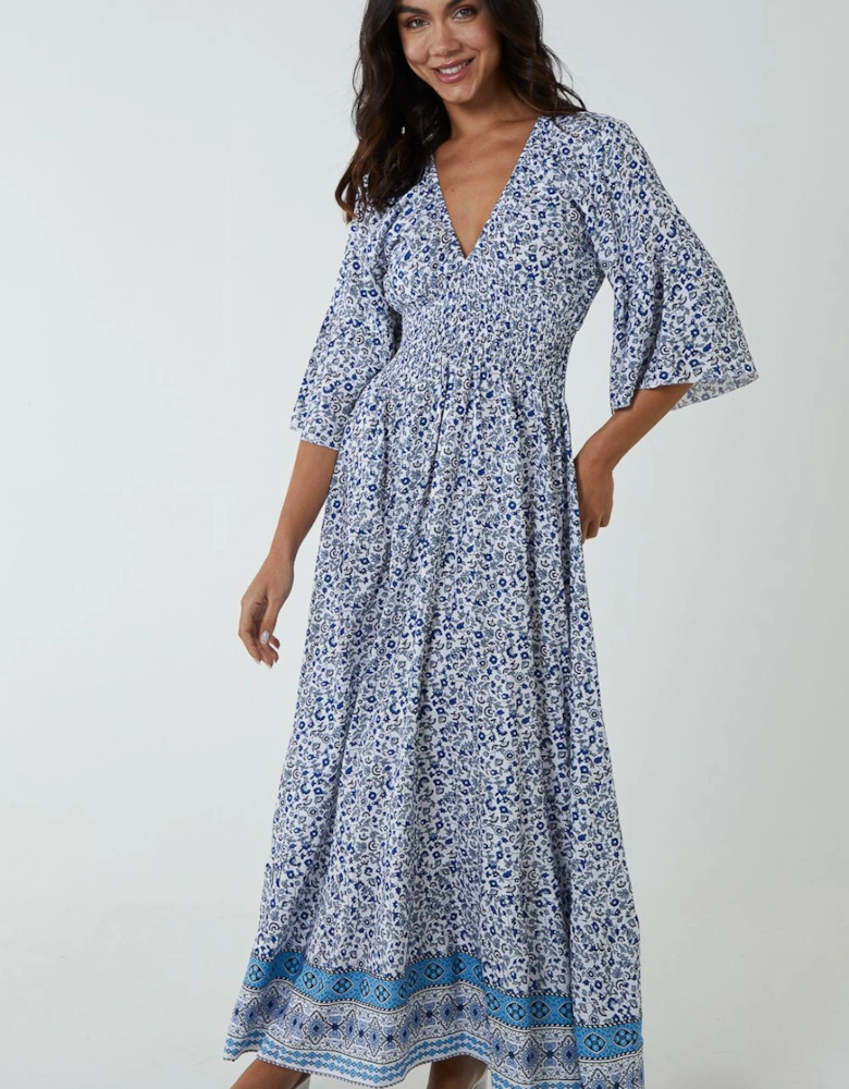 Shirred Waist Elasticated Neckline Maxi Dress