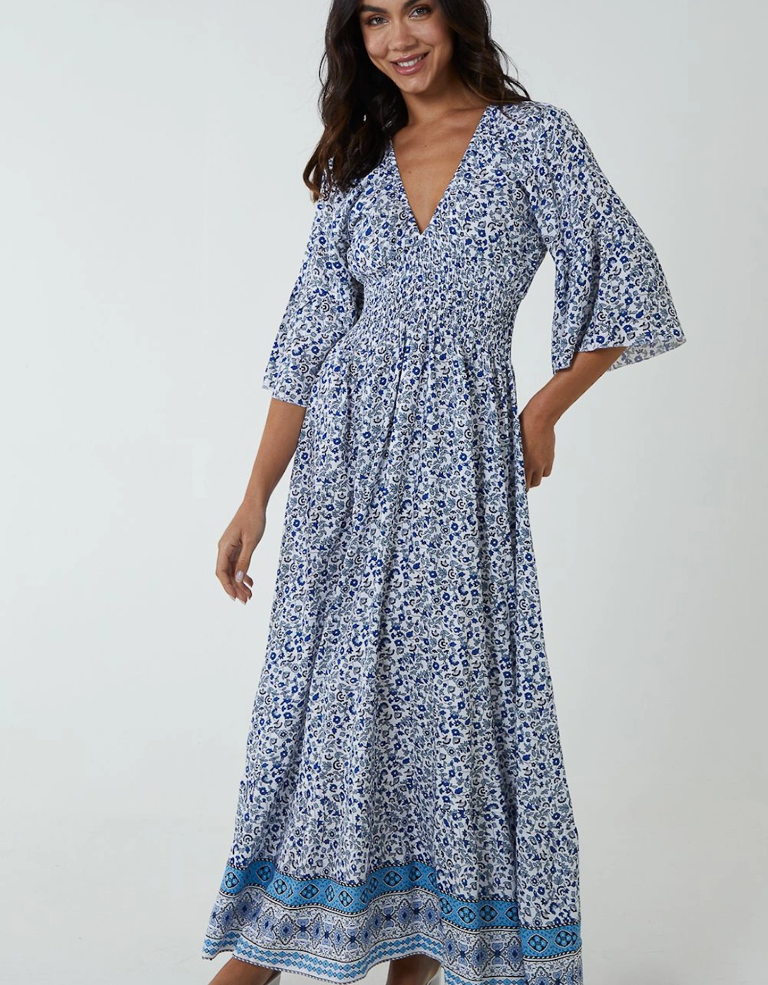 Shirred Waist Elasticated Neckline Maxi Dress, 2 of 1