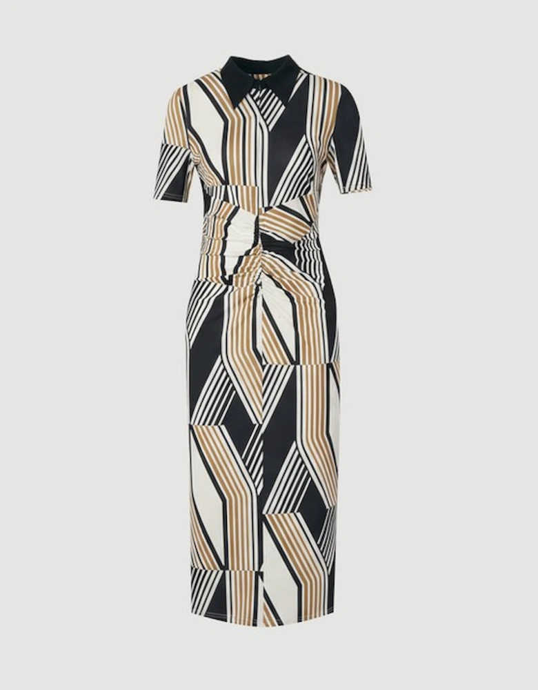 Geo Print Crepe Collared Midi Dress