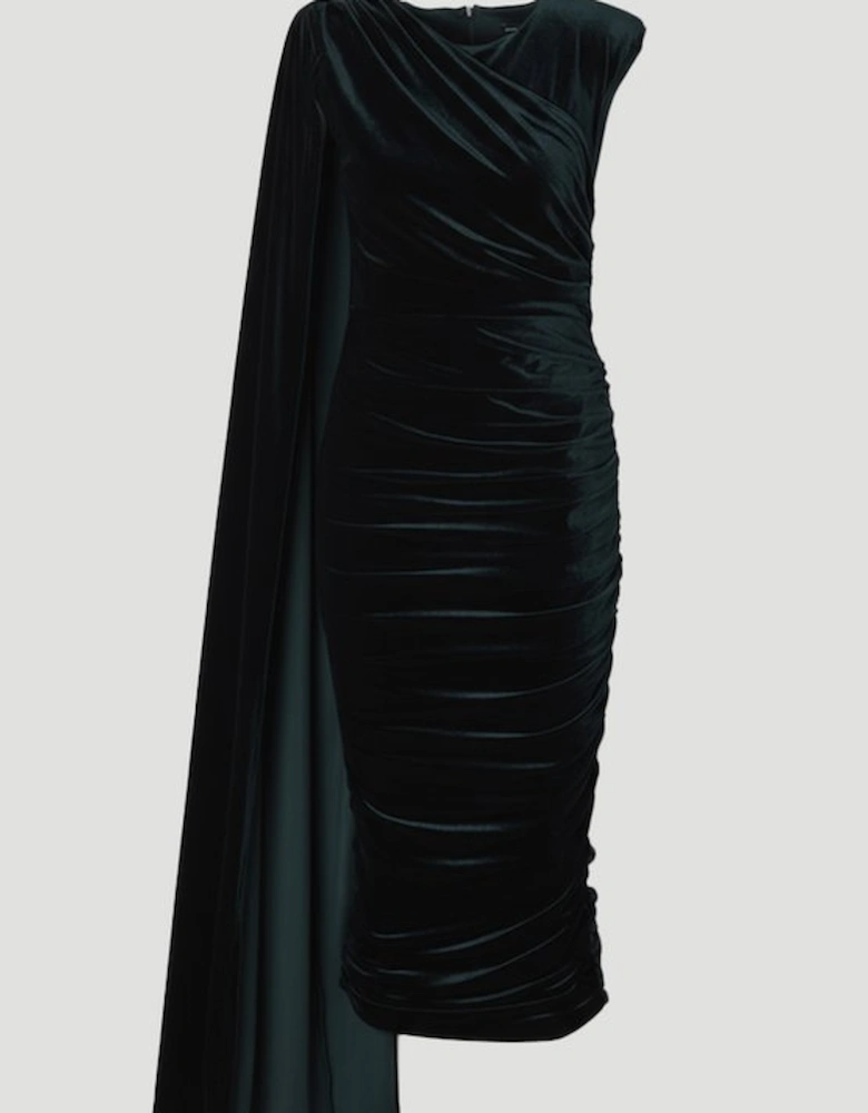 Stretch Velvet Crew Neck Cape Shoulder Maxi Dress