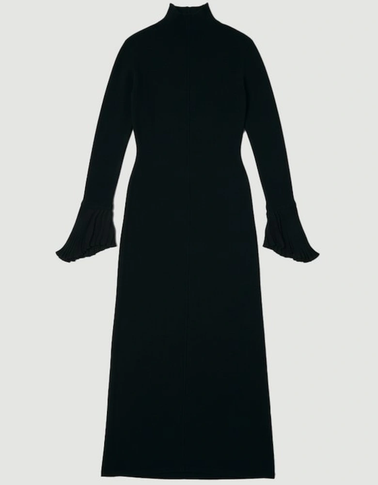 Wool And Alpaca Blend Knit Pleated Silk Woven Cuffs Midi Dress