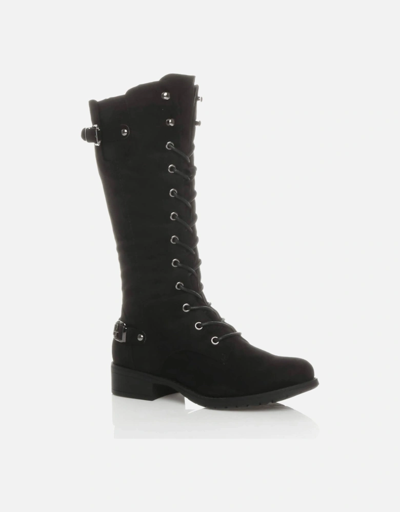 Low  Heel Lace Up Calf Military Faux Suede Biker Boots