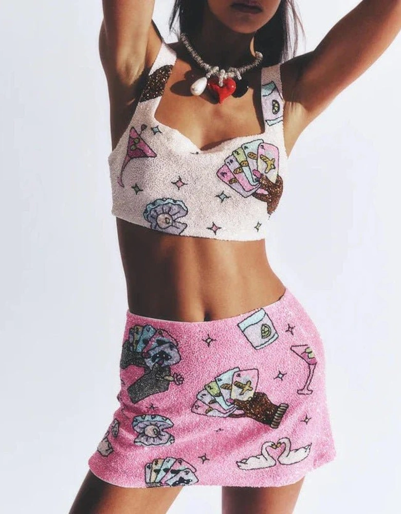 Vegas Beaded Pink Party Beach Co-ord - Mini Skirt