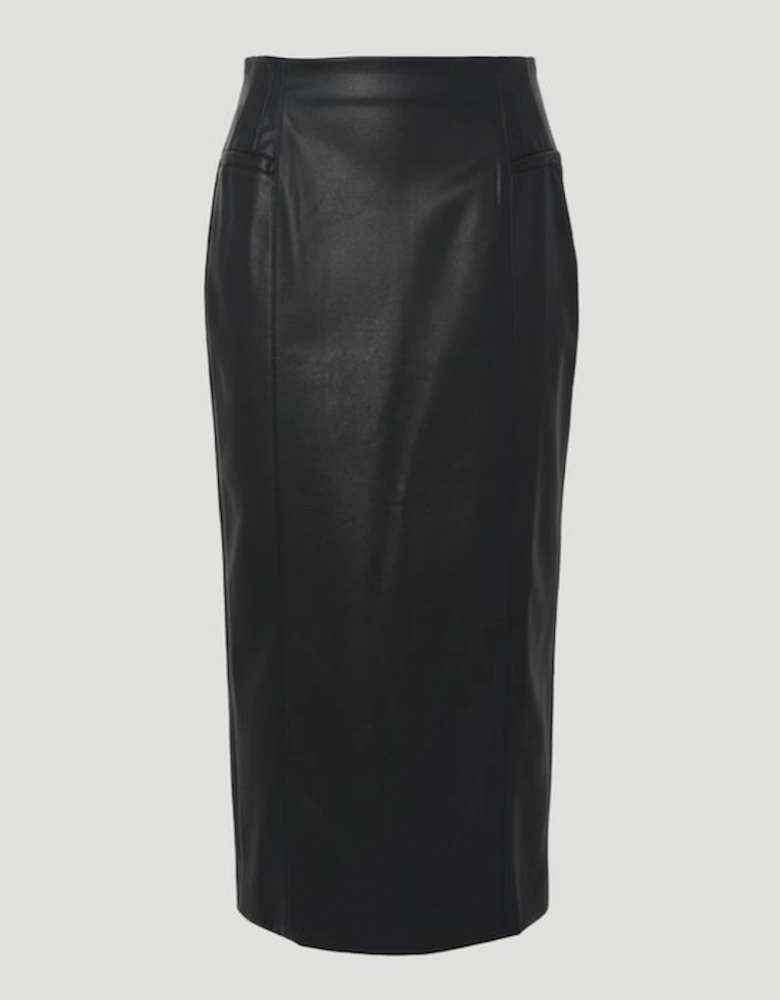 Faux Leather Seam Waist Detail Pencil Midi Skirt