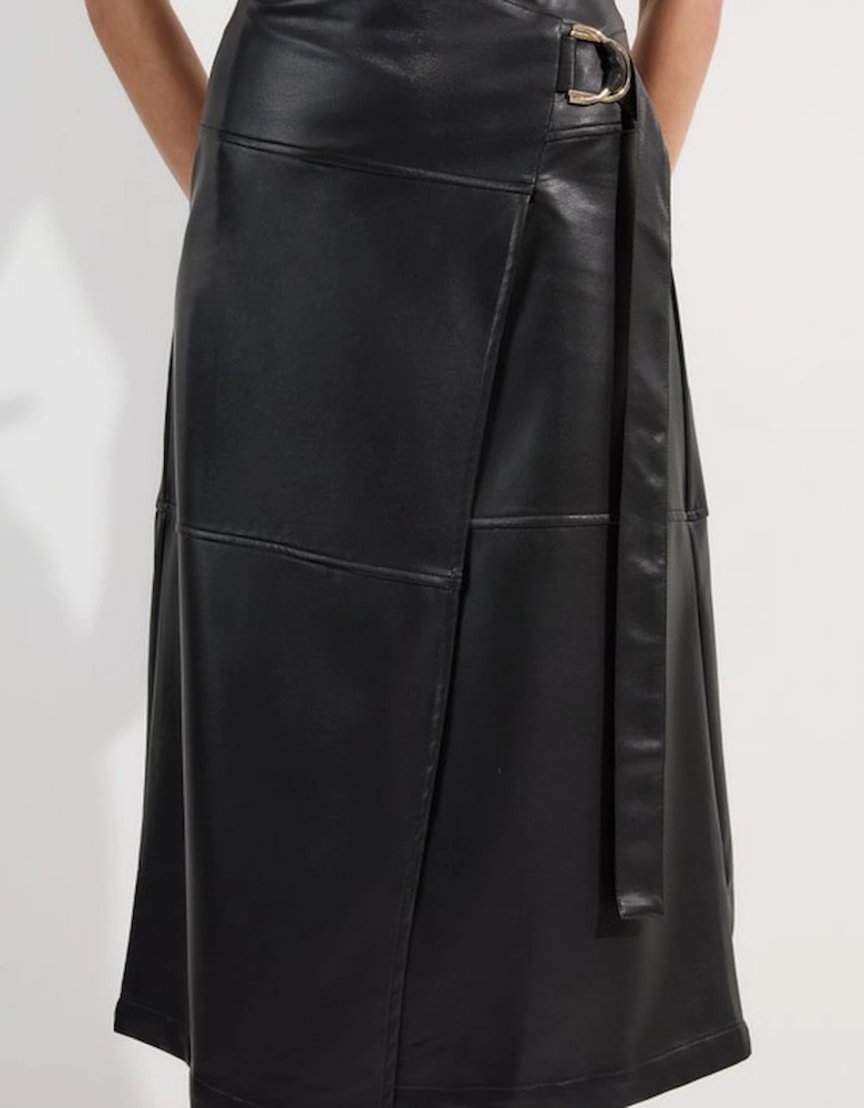 Faux Leather Tie Detail Wrap Midi Skirt