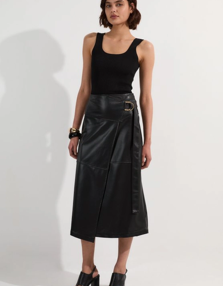 Faux Leather Tie Detail Wrap Midi Skirt