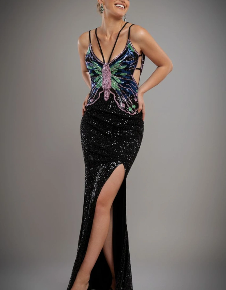 Sequin Butterfly Front Split Maxi Dress