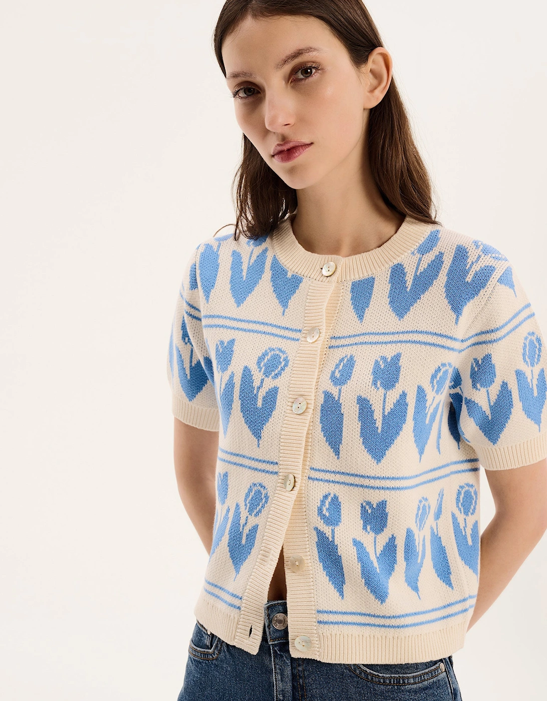 Lulu Floral Cardigan in Cream and Blue