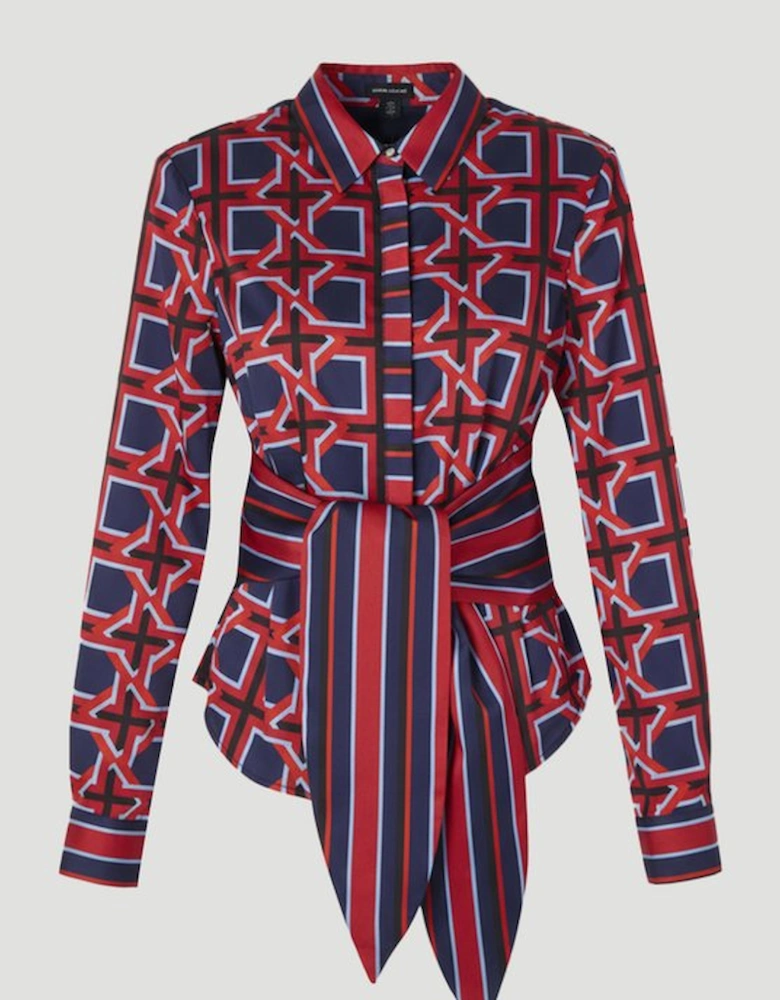 Geo Print Hammered Satin Tie Waist Woven Shirt