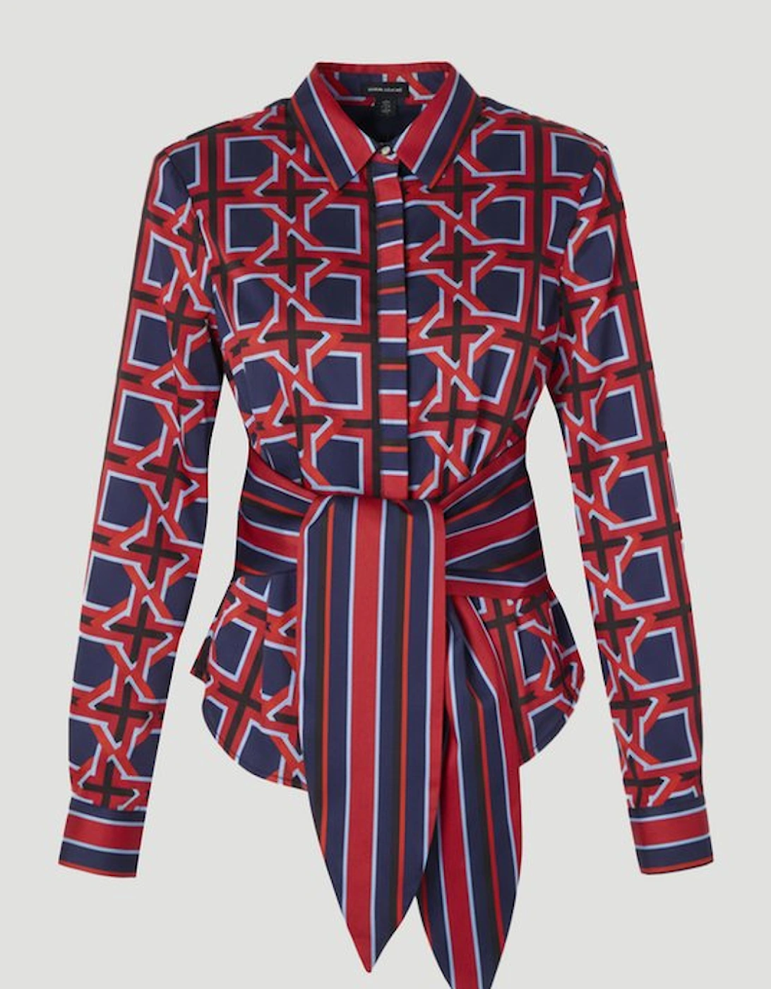 Geo Print Hammered Satin Tie Waist Woven Shirt