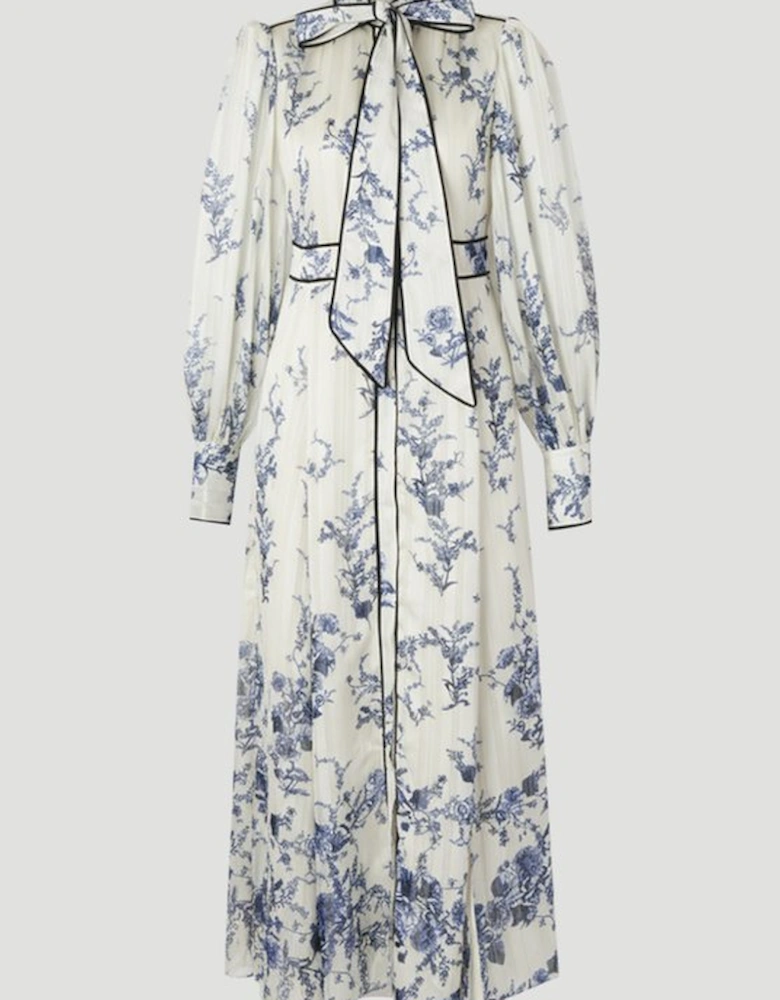 Floral Print Tie Neck Woven Balloon Sleeve Midaxi Dress