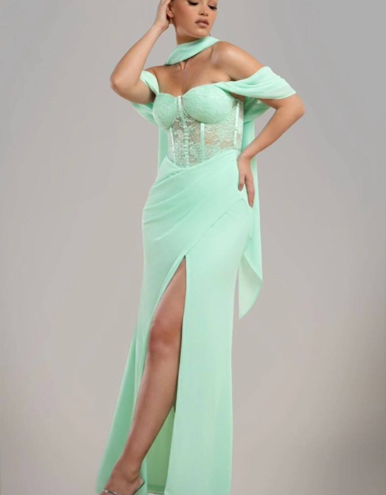 Scalloped Lace & Chiffon Winged Corset Bodice Maxi Dress