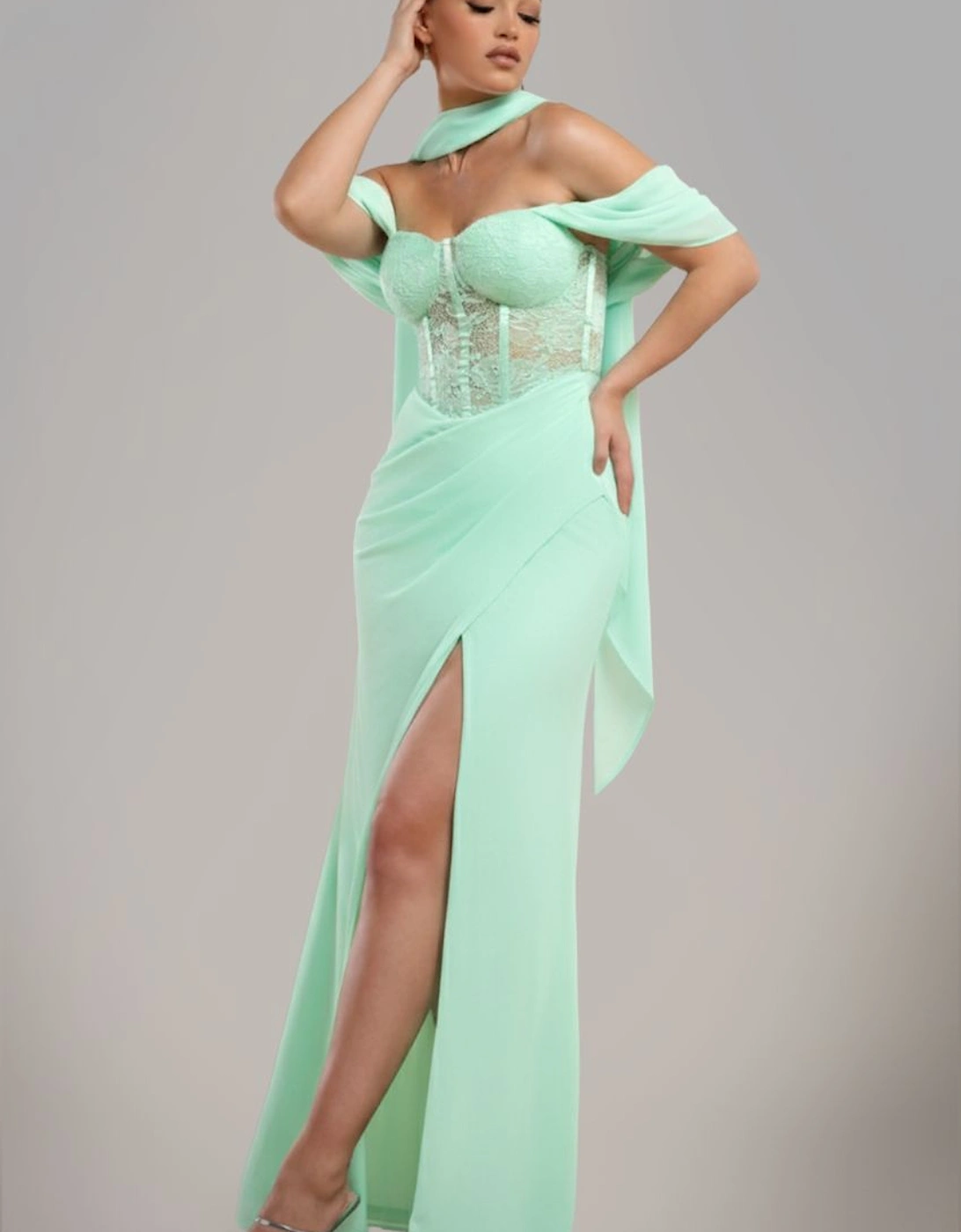 Scalloped Lace & Chiffon Winged Corset Bodice Maxi Dress, 2 of 1