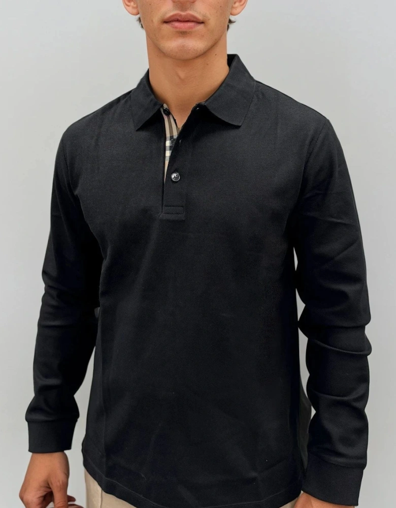 'Hartford' Long Sleeved Check Placket Polo-Shirt Black