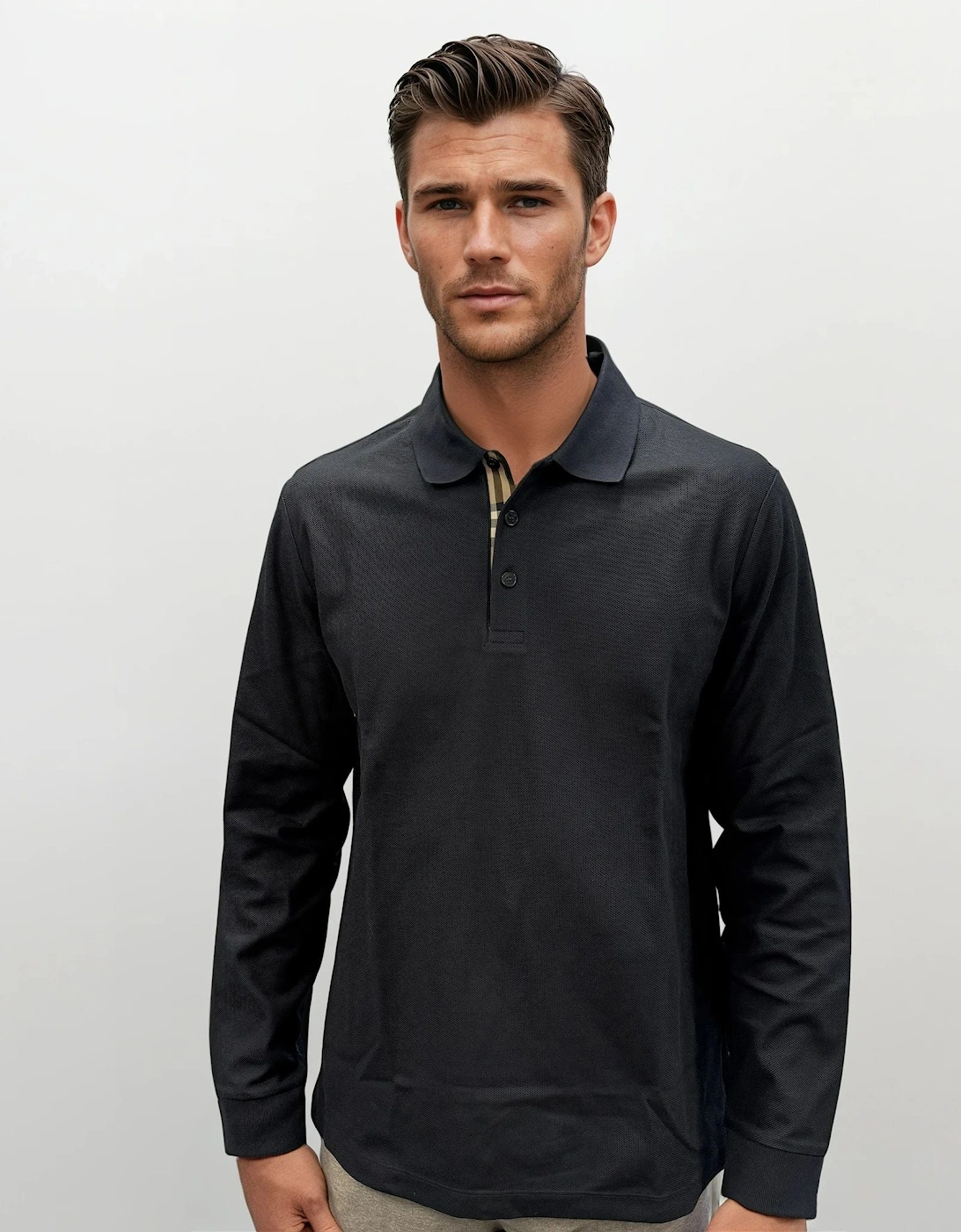 'Hartford' Long Sleeved Check Placket Polo-Shirt Navy