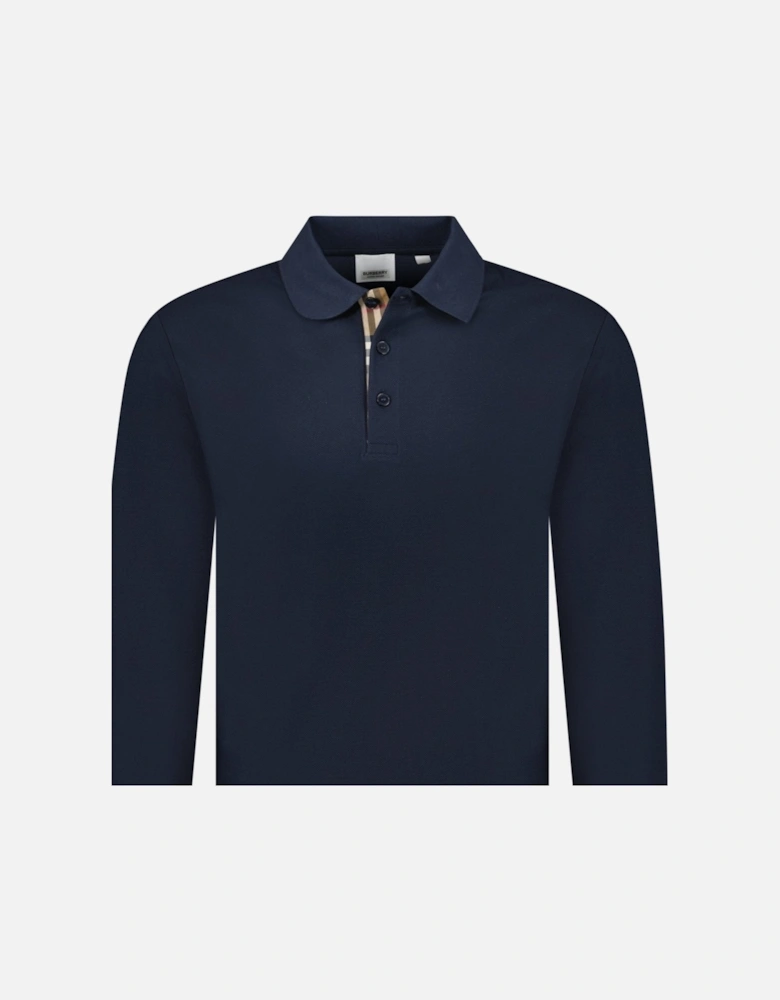 'Hartford' Long Sleeved Check Placket Polo-Shirt Navy