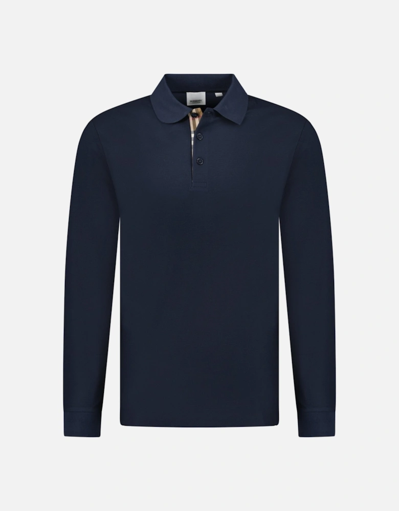 'Hartford' Long Sleeved Check Placket Polo-Shirt Navy