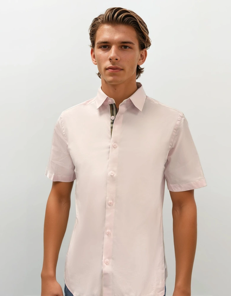 'Shefford' Check Placket Short Sleeve Shirt in Pale Pink