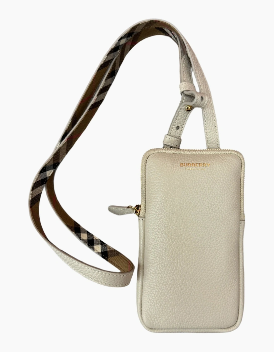 Burberry Phone Pouch Check Strap Grained Leather in Limestone - Grey